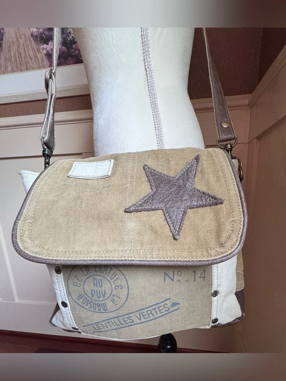 Myra Bag Olive and Cream Canvas Messenger with Brown Star Patch